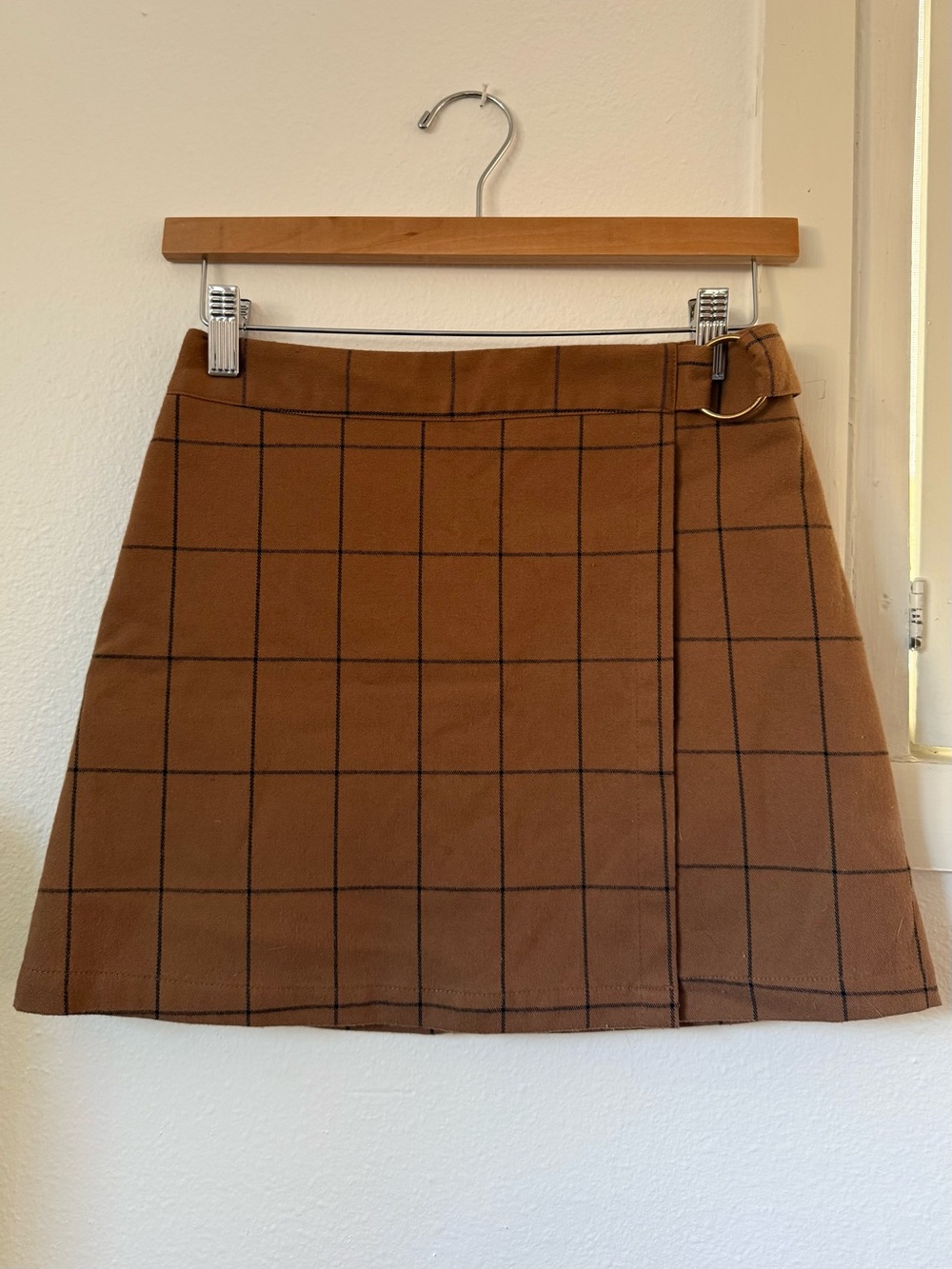 Forever 21 Camel Windowpane Wrap-Style Mini Skirt